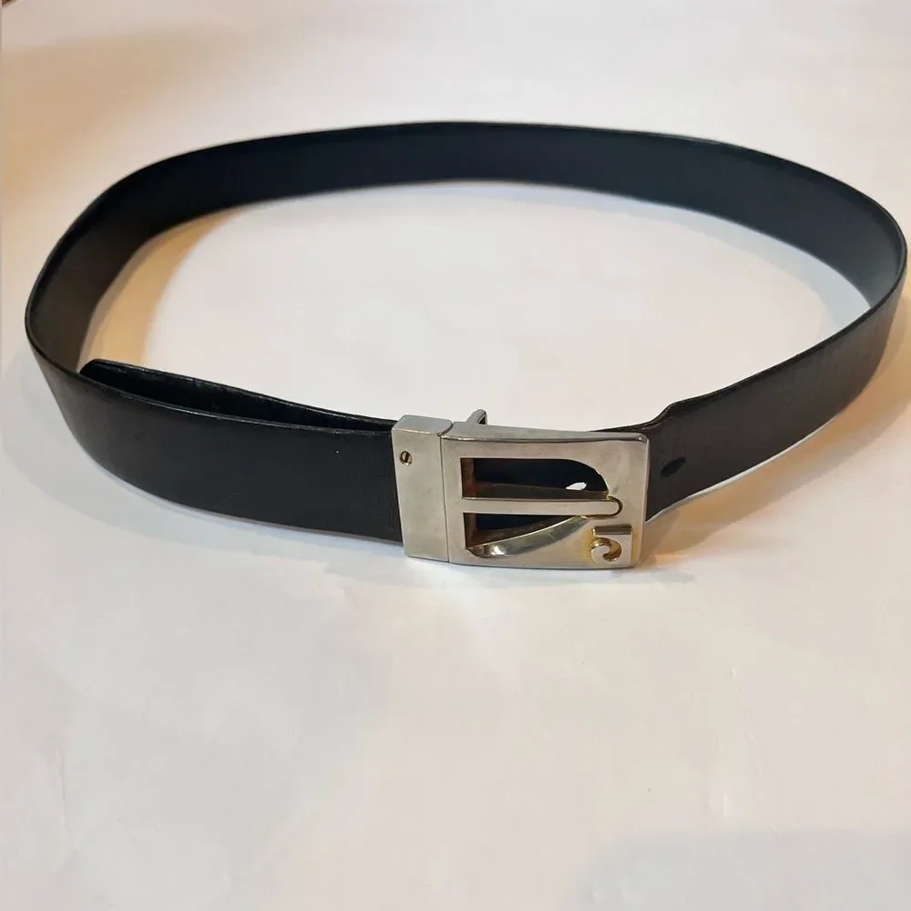 Vtg Pierre Cardin Reversible Black Brown Leather Belt with Monogram Buckle 34-38